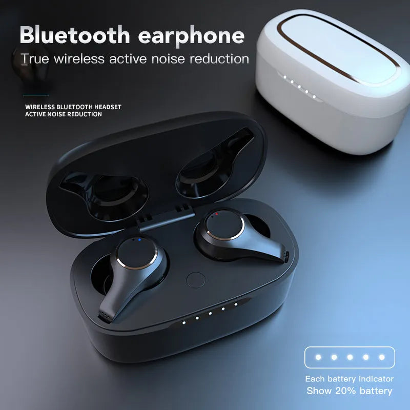Black and white ANC active noise cancelling Bluetooth earbuds with charging case