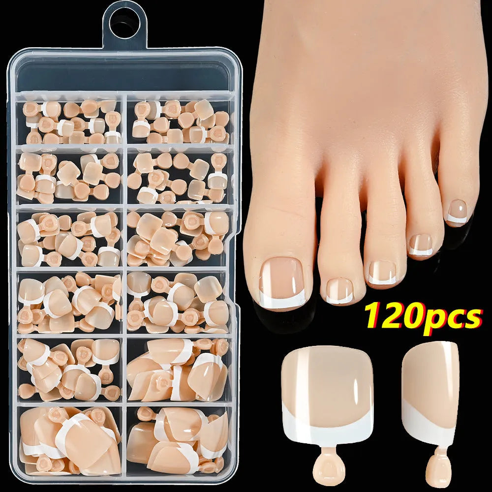 120 French white edge toenail pieces in nine nude shades, short square shape