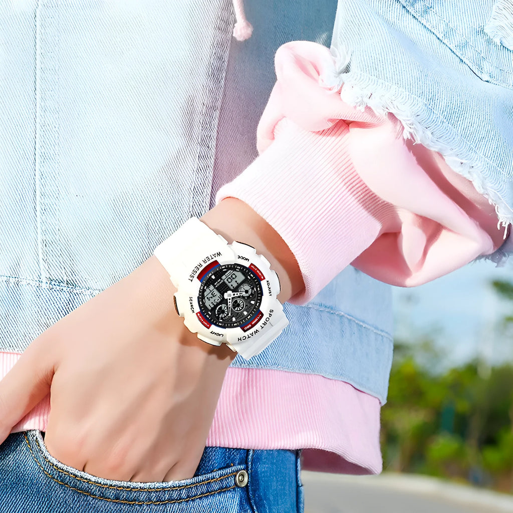 Women's multifunctional waterproof sports digital watch in resin and stainless steel, shown in pink with a simple fashion style.