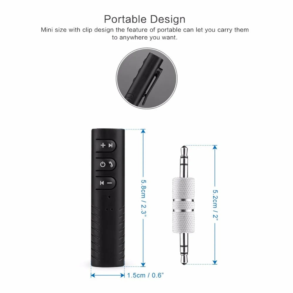 Black Bluetooth 4.1 car audio receiver with 3.5mm AUX jack for wireless music streaming