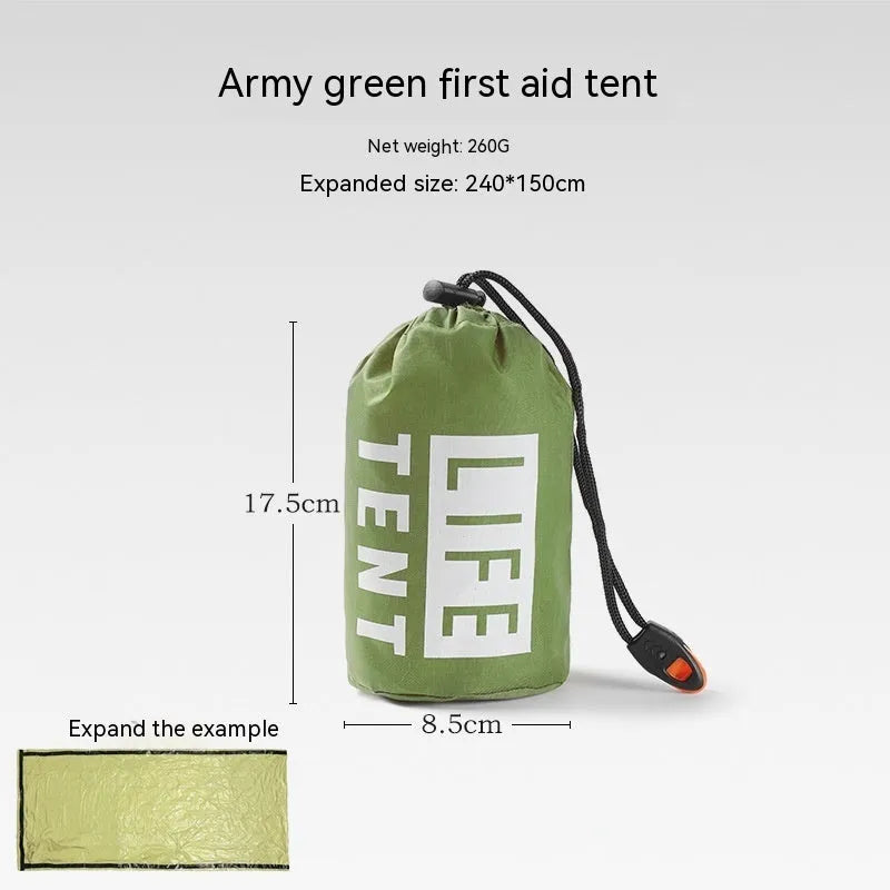 Orange and green emergency tent, sleeping bag, and raincoat kit for outdoor survival.