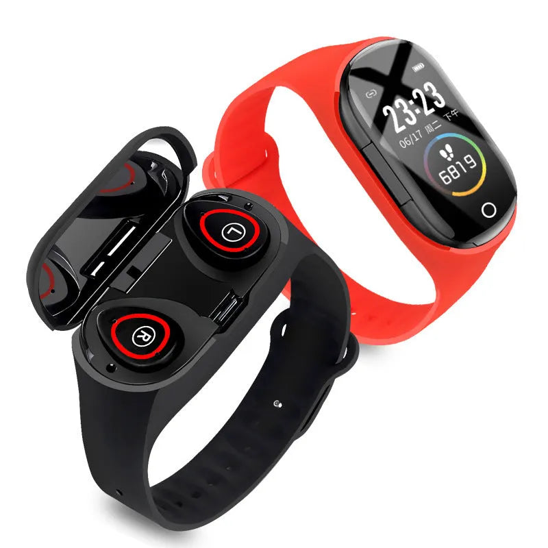 Blue smart bracelet with integrated Bluetooth earphones showing 1 inch display screen on silicone wristband