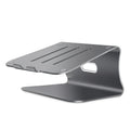 Aluminium laptop cooling stand in grey with rotary hinge for angle adjustment on a wooden desk