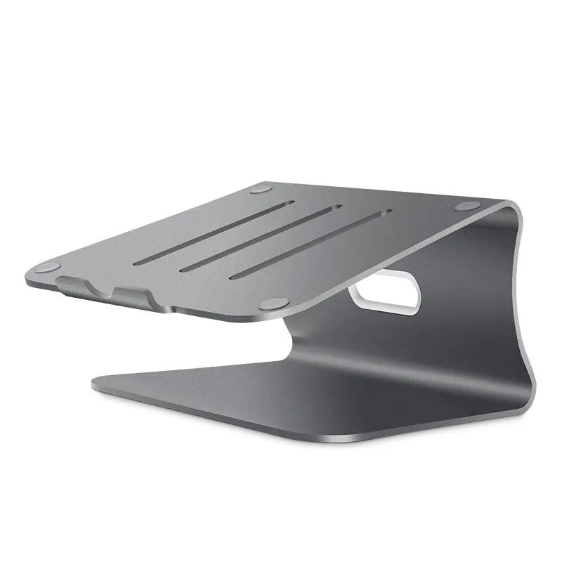 Aluminium laptop cooling stand in grey with rotary hinge for angle adjustment on a wooden desk