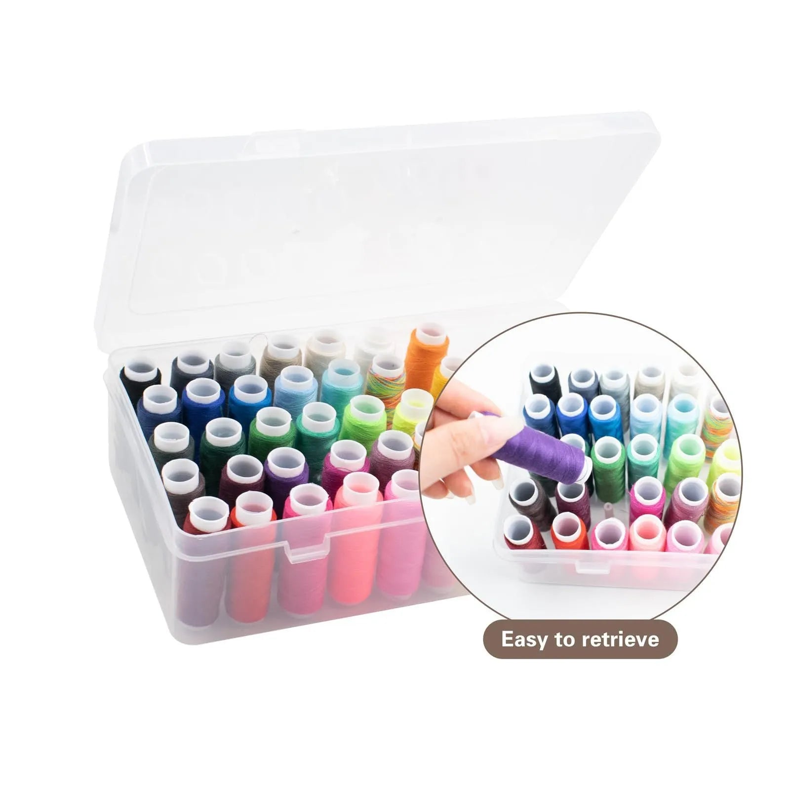 Transparent plastic storage box with 42 compartments for embroidery threads and sewing kit organisation