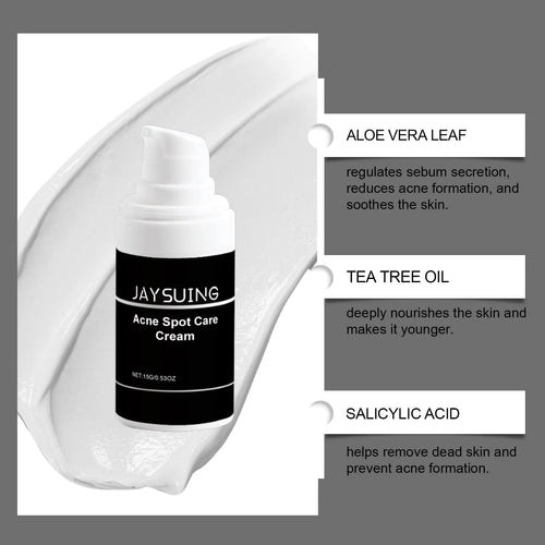 15g tube of acne cream with plant-based ingredients including mint leaf and tea tree oil