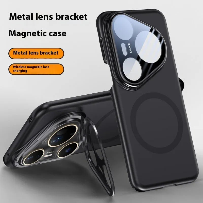 Frosted Huawei P80pro phone case with integrated magnetic lens bracket on the back, shown in black colour.