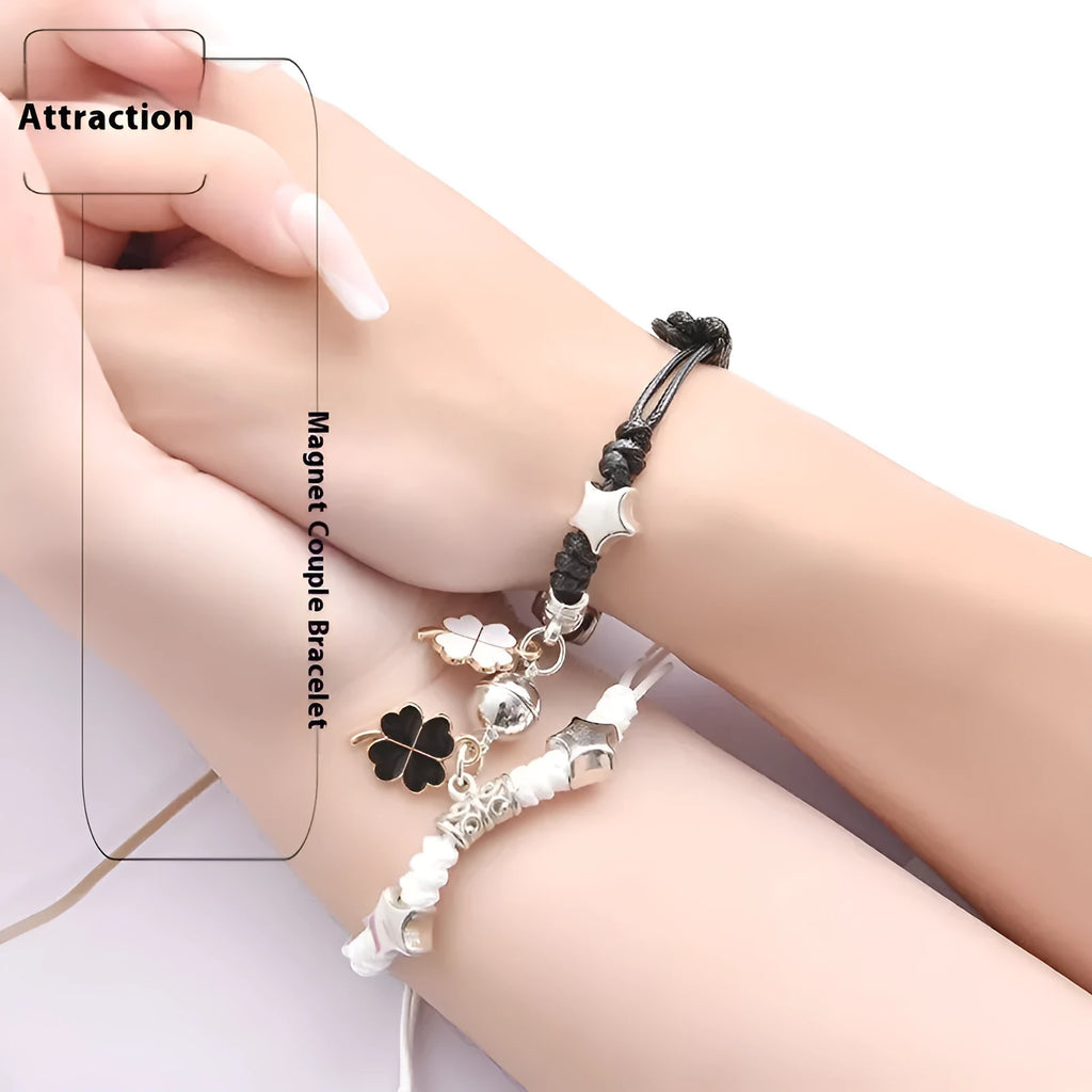 Magnetic couple bracelet set with electroplated alloy construction and various charm designs