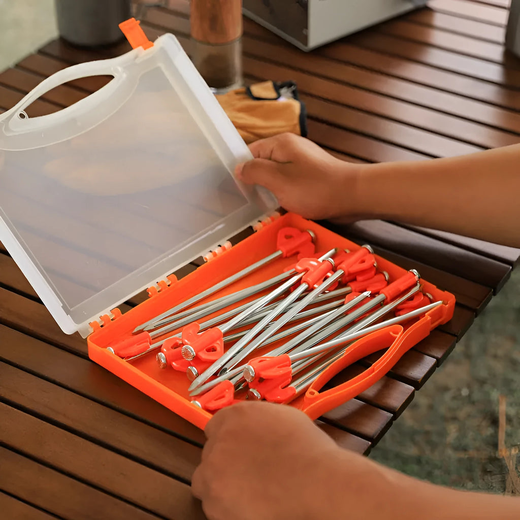 Boxed orange plastic tent stake measuring 6.5x20.5mm with flat head