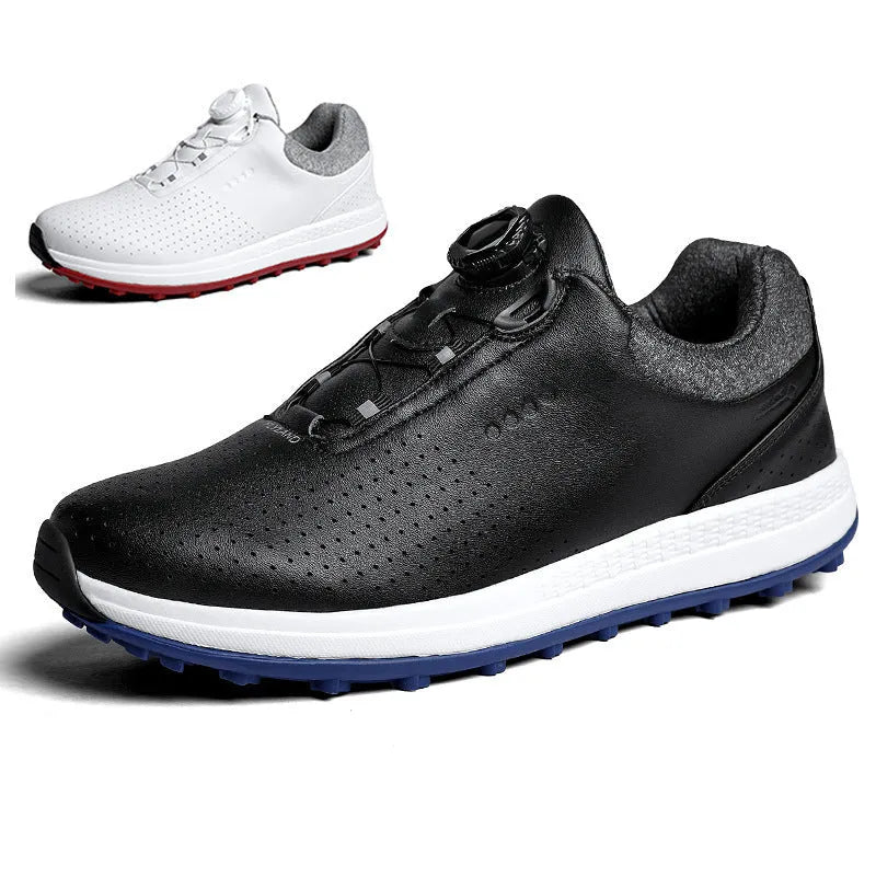 Men's low-top white casual golf sneakers with breathable upper and non-slip rubber sole on grass