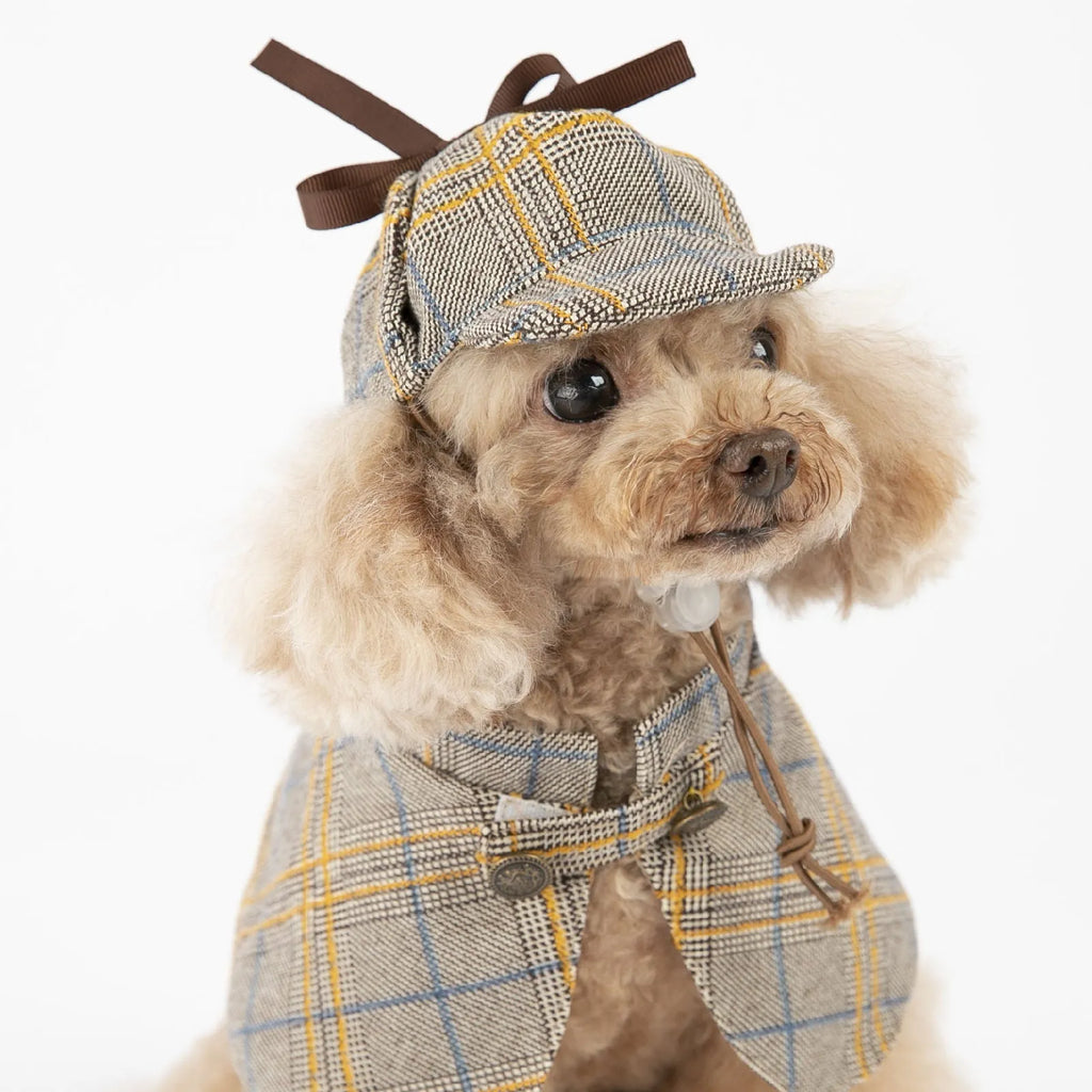 Camel coloured cotton pet cloak with an adjustable hat for a dog, showing the cloak design.