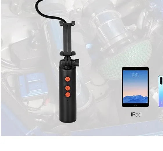 Black dual camera endoscope with IP68 waterproof lens, 9 adjustable LEDs, and 1960x1080 resolution for pipeline inspection.