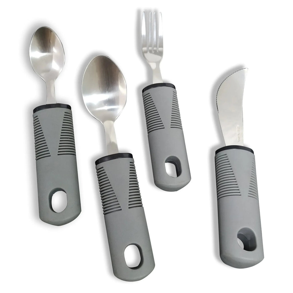 Stainless steel adaptive spoons and cutlery with black rubber handles for assisted eating.