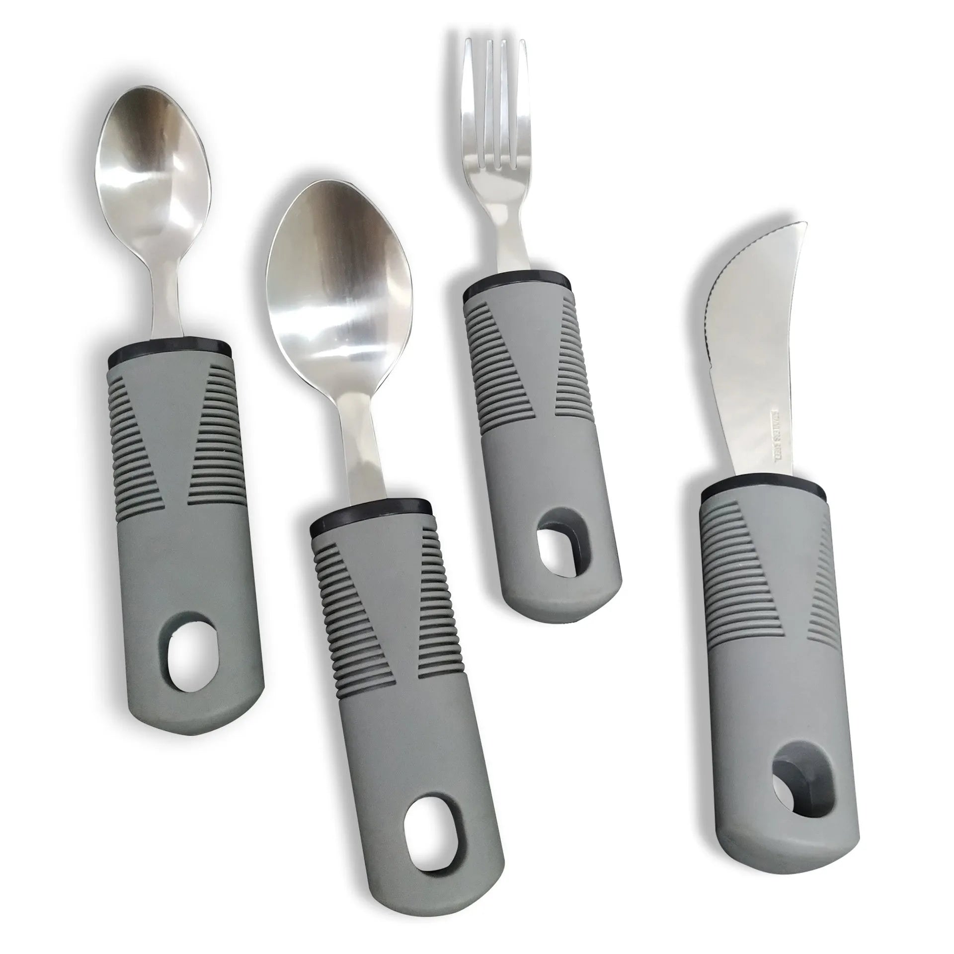 Stainless steel adaptive spoons and cutlery with black rubber handles for assisted eating.