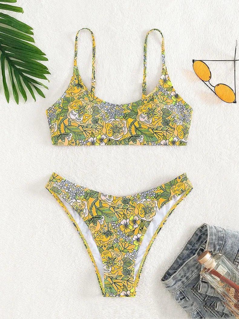 New printed polyester sling bikini swimsuit for women, two-piece set in peacock blue or lemon yellow, sizes S M L