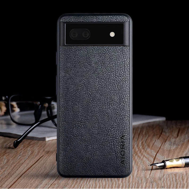 Black PU lychee skin texture phone case for Google Pixel 6, showing all-inclusive glass design.