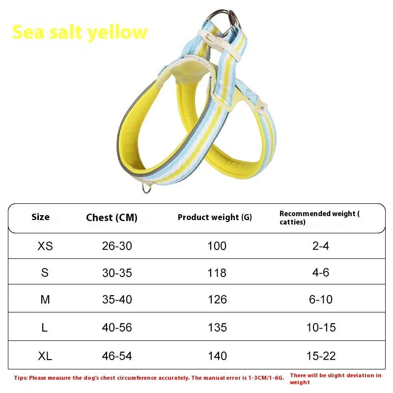 Lightweight dog harness and 1.4-metre walking rope set in various colours on a size chart