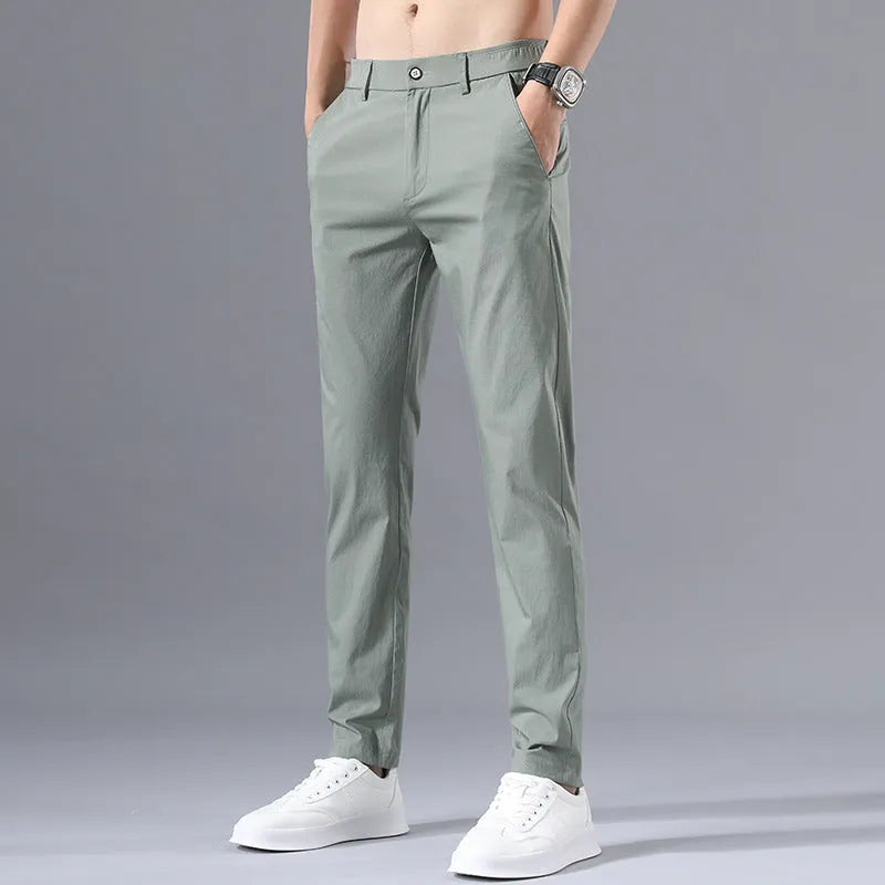 Men's straight-leg summer trousers in Light Grey, mid-waist cotton ice silk casual pants