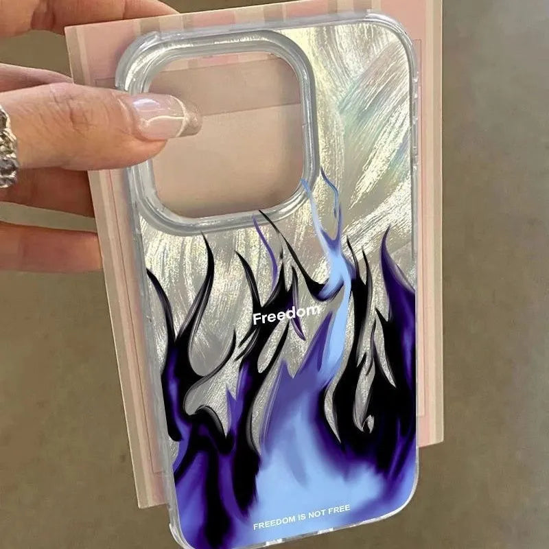 Silicone iPhone case with blue flame pattern design showing all-inclusive edge protection