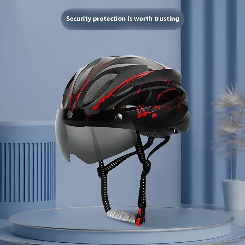 Adult cycling helmet with integrated red LED light on the rear, shown in a black and red colour scheme.