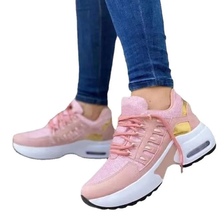 Lace up wedge heel sneakers with breathable mesh upper in colour option, low heel round toe design