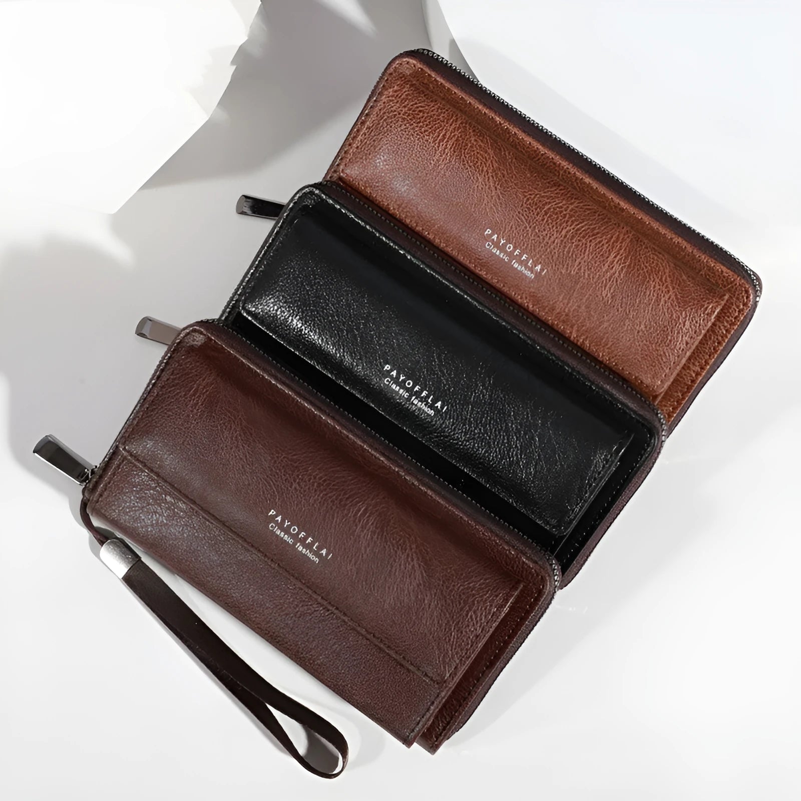 Men's black PU leather wallet showing multiple card slots, displayed next to a brown and coffee coloured version.