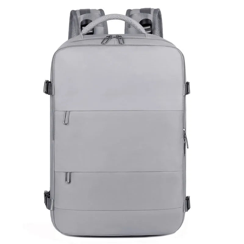 Purple women's travel backpack with multiple compartments and air pillow shoulder straps