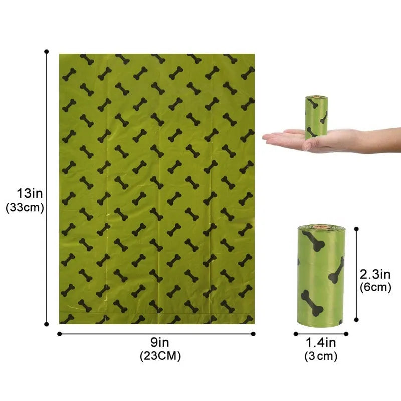 Degradable dog poop bags in army green with black bone print, 23x33cm size with EPI+HDPE material
