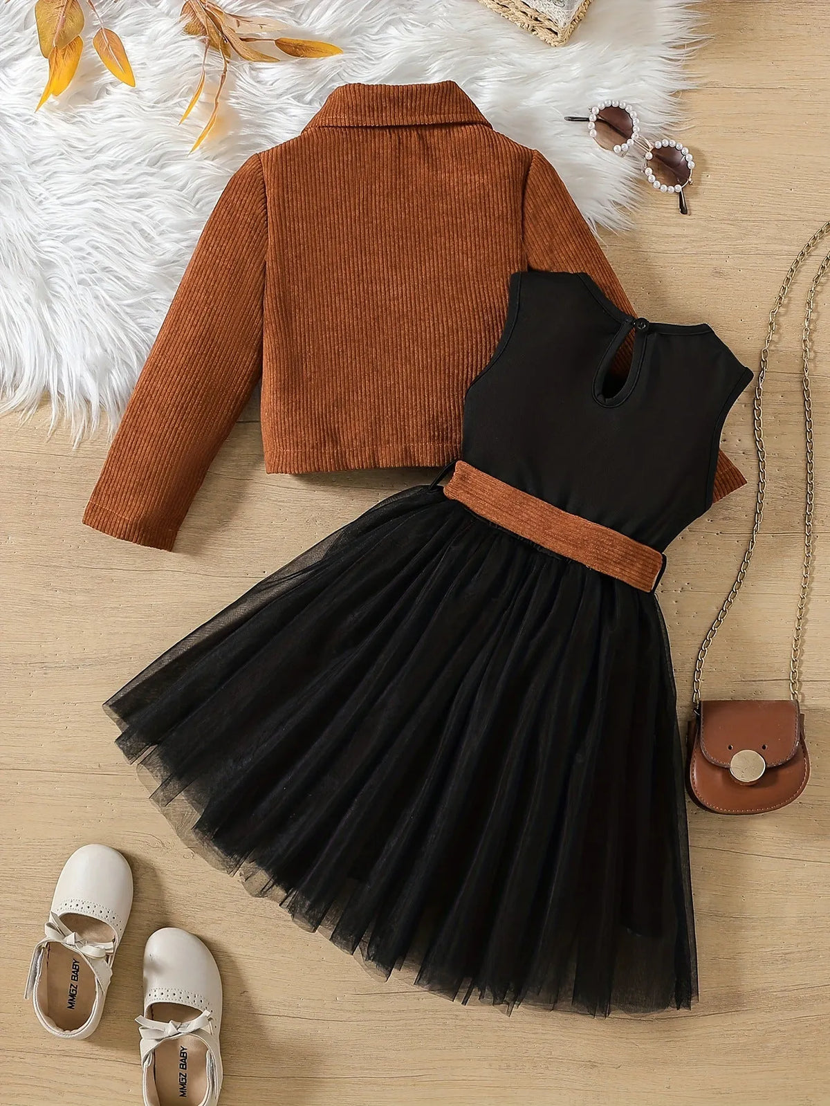 Girls' two-piece formal suit set with long-sleeve jacket and grenadine skirt in striped or solid colour