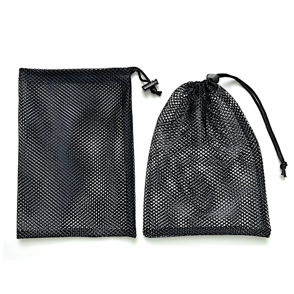 Black mesh drawstring storage bag for children's water balloon toys, shown with drawstring pulled closed.