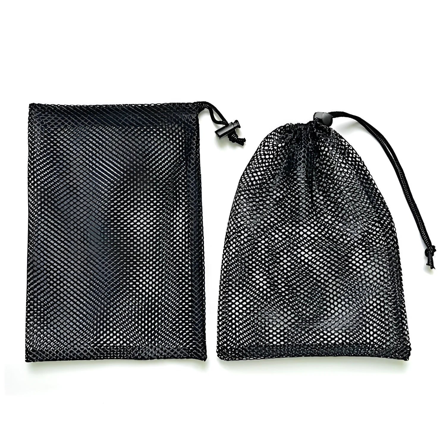 Black mesh drawstring storage bag for children's water balloon toys, shown with drawstring pulled closed.