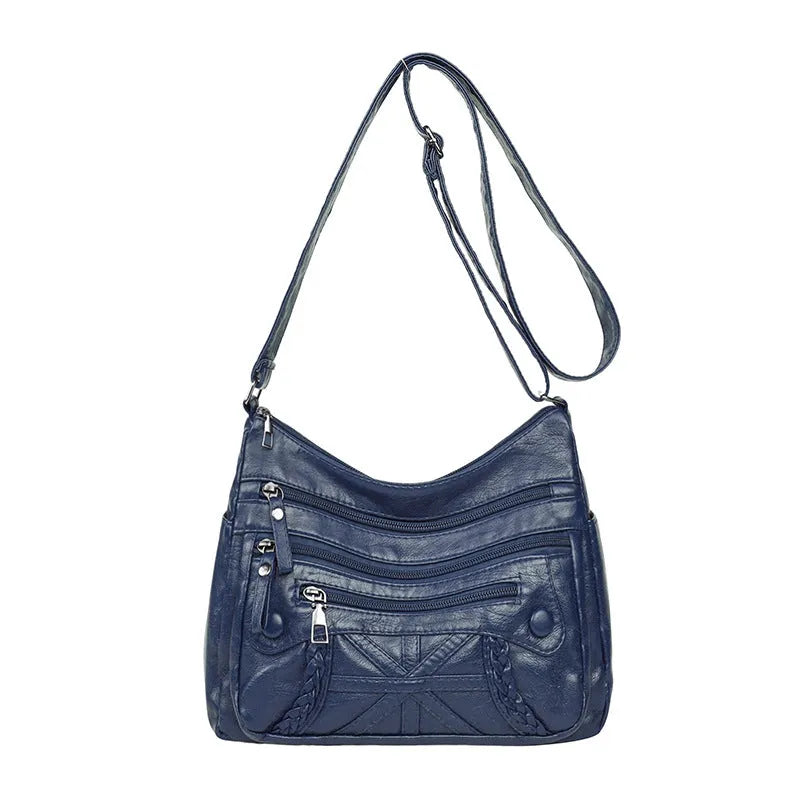 Soft PU casual messenger bag with multi-layer multi-pocket design in black colour