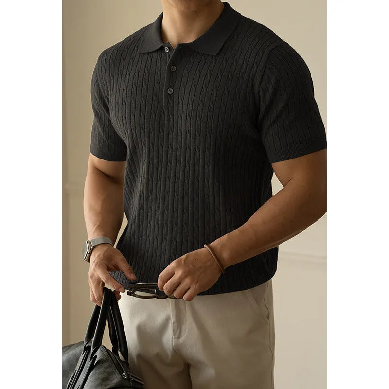Men's short sleeve business top in khaki colour, shown on a hanger.