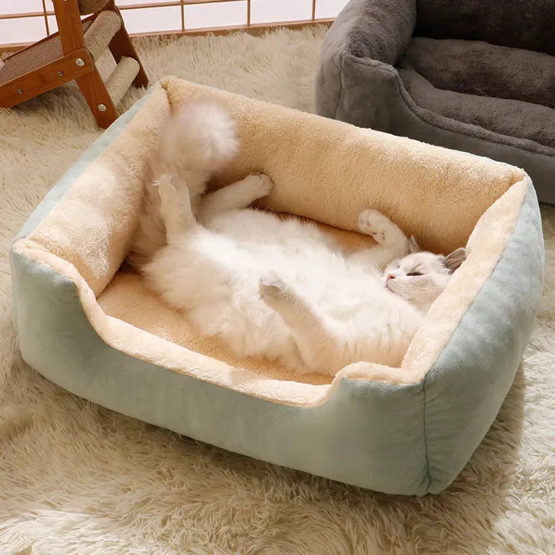 Short plush rectangular pet bed for cats and dogs with a removable cover in grey, shown in a large size.