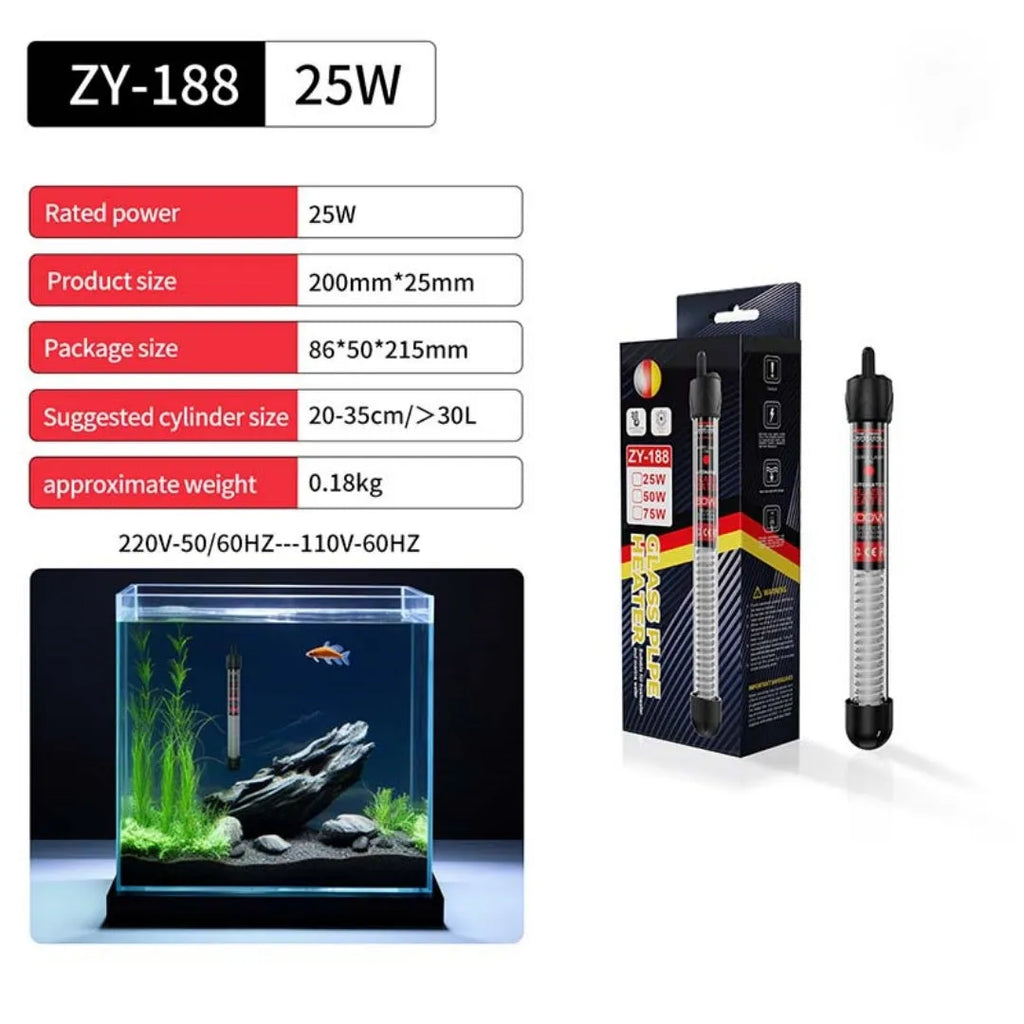 Aquarium glass pipe heater with quartz thermostat for fresh and sea water tanks, available in 25W to 300W.