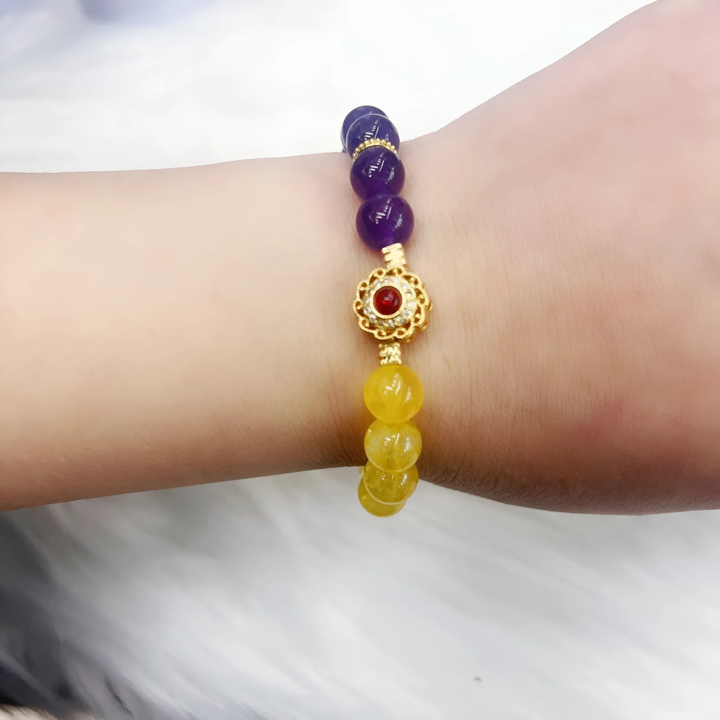 Handmade women's yellow purple amethyst crystal bracelet jewellery gift