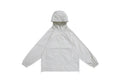 Men's thin hooded sports coat in chemical fibre blend on a hanger.