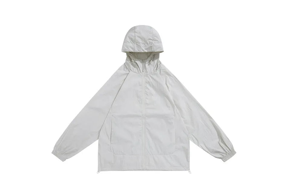 Men's thin hooded sports coat in chemical fibre blend on a hanger.