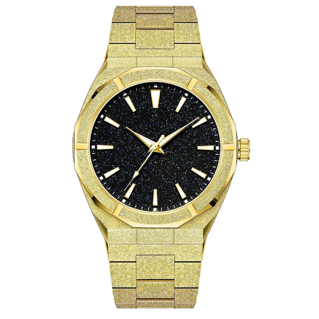 Men's stainless steel business watch with frosted case and luminous markers in silver, gold, or black