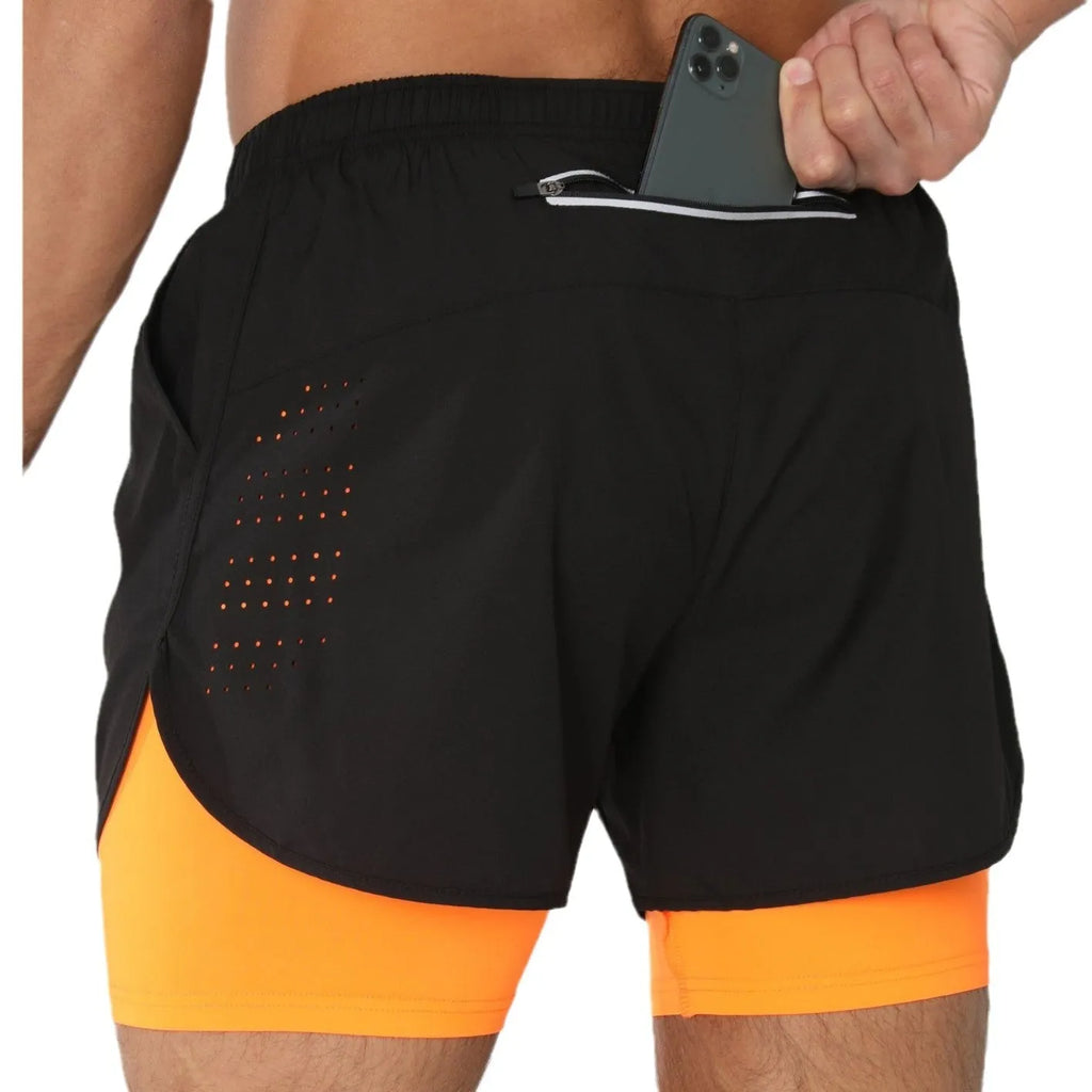 Men's quick-dry double-layer anti-exposure fitness shorts in black, showing waistband and side view