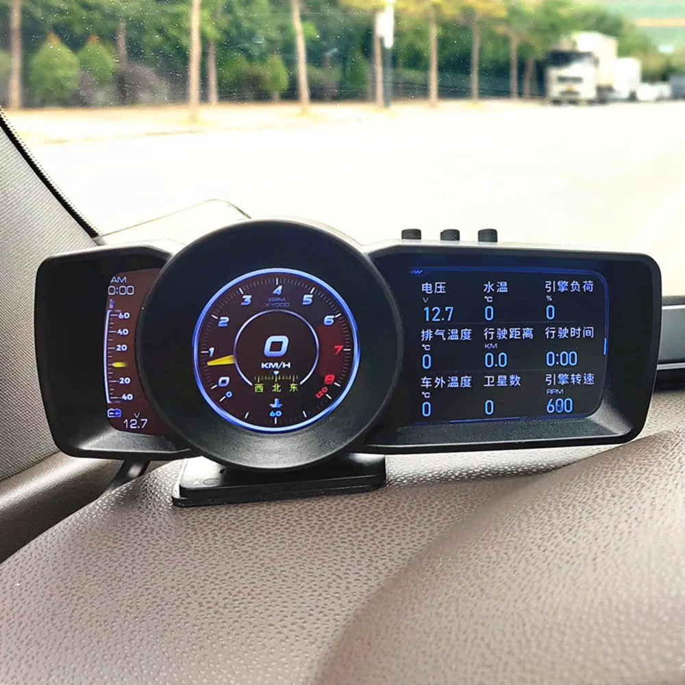 Car diagnostics monitor with TFT screen display showing vehicle parameters, OBDII connection cable