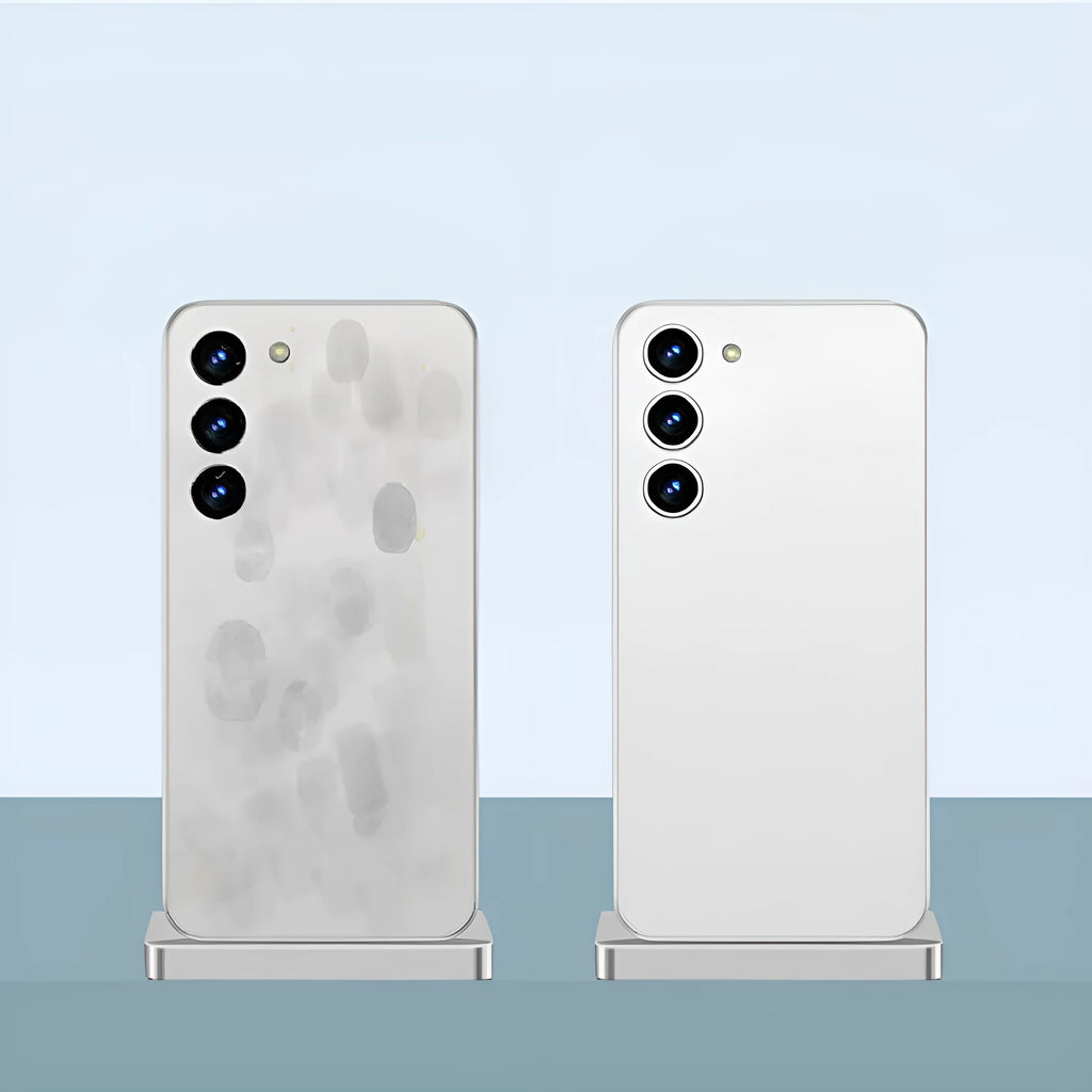 Ultra-thin transparent Samsung phone case with frosted PC finish, all-inclusive border, and bracket in translucent white or black.