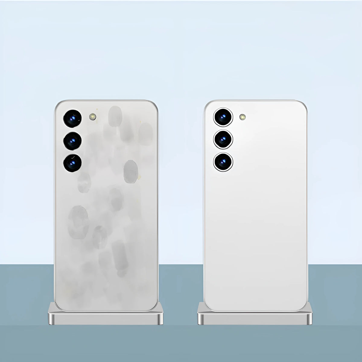 Ultra-thin transparent Samsung phone case with frosted PC finish, all-inclusive border, and bracket in translucent white or black.