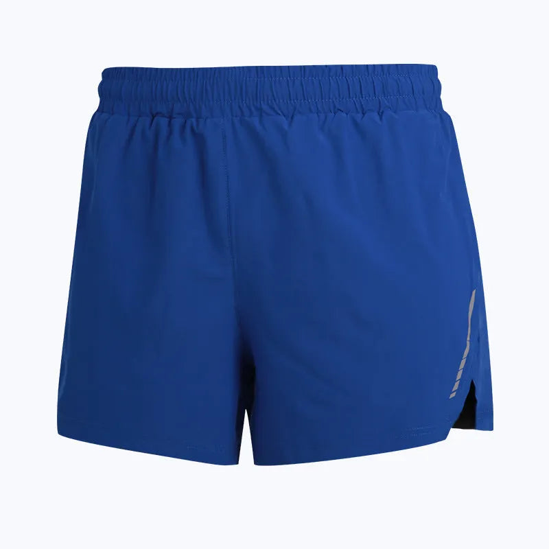 A pair of grey straight-cut unisex running shorts made from moisture-wicking polyester fabric, laid flat.