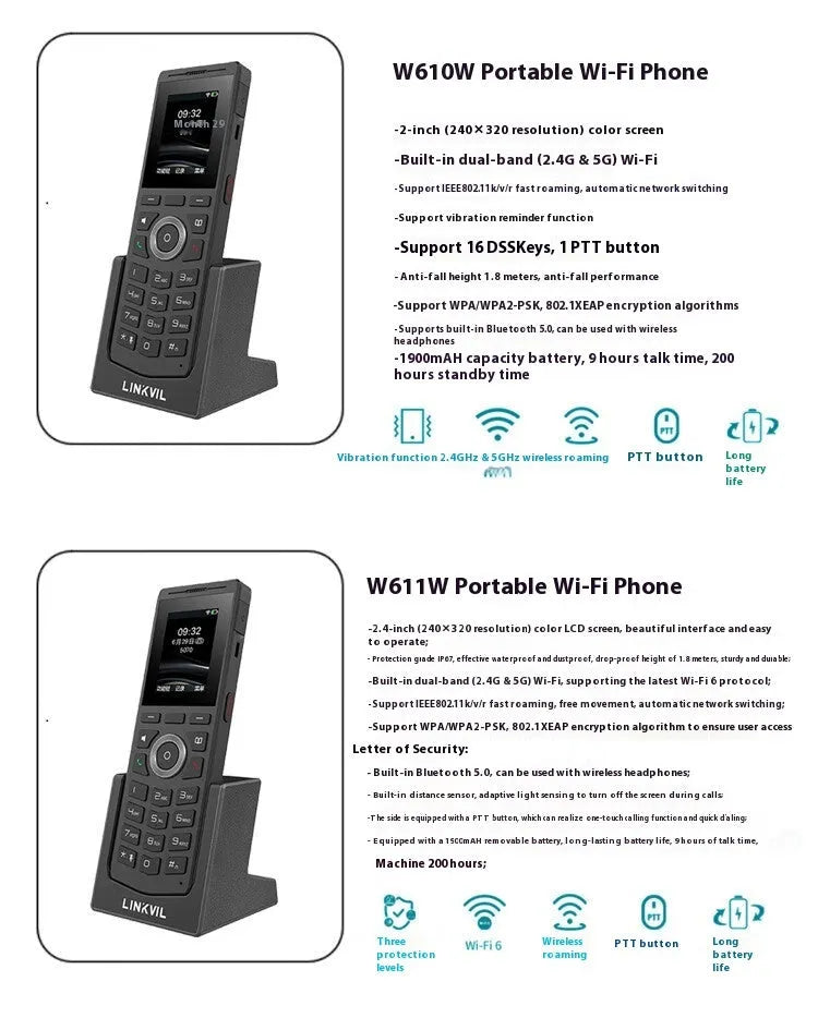 Portable Wi-Fi wireless landline telephone with belt clip, 11900mAh battery, Type-C port, 156x53x17.7mm