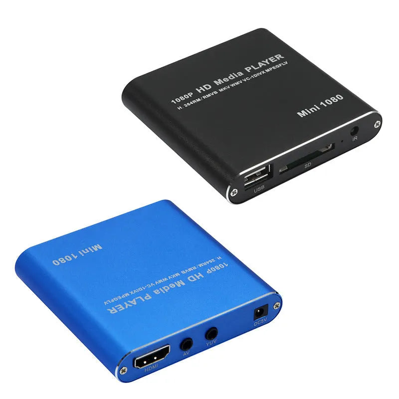 Compact blue or black all-metal 1080P media player with USB, SD card and HDMI ports
