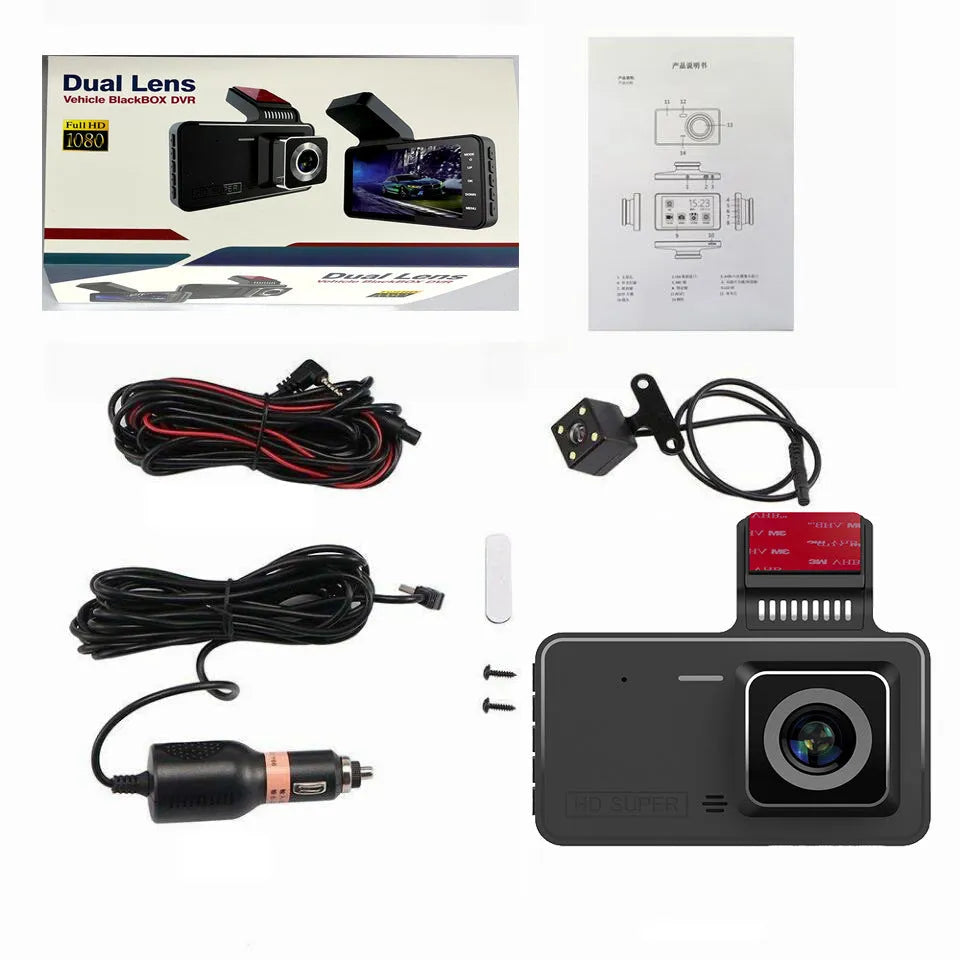 4-inch touch screen dual lens car dash cam with adhesive mount on windscreen