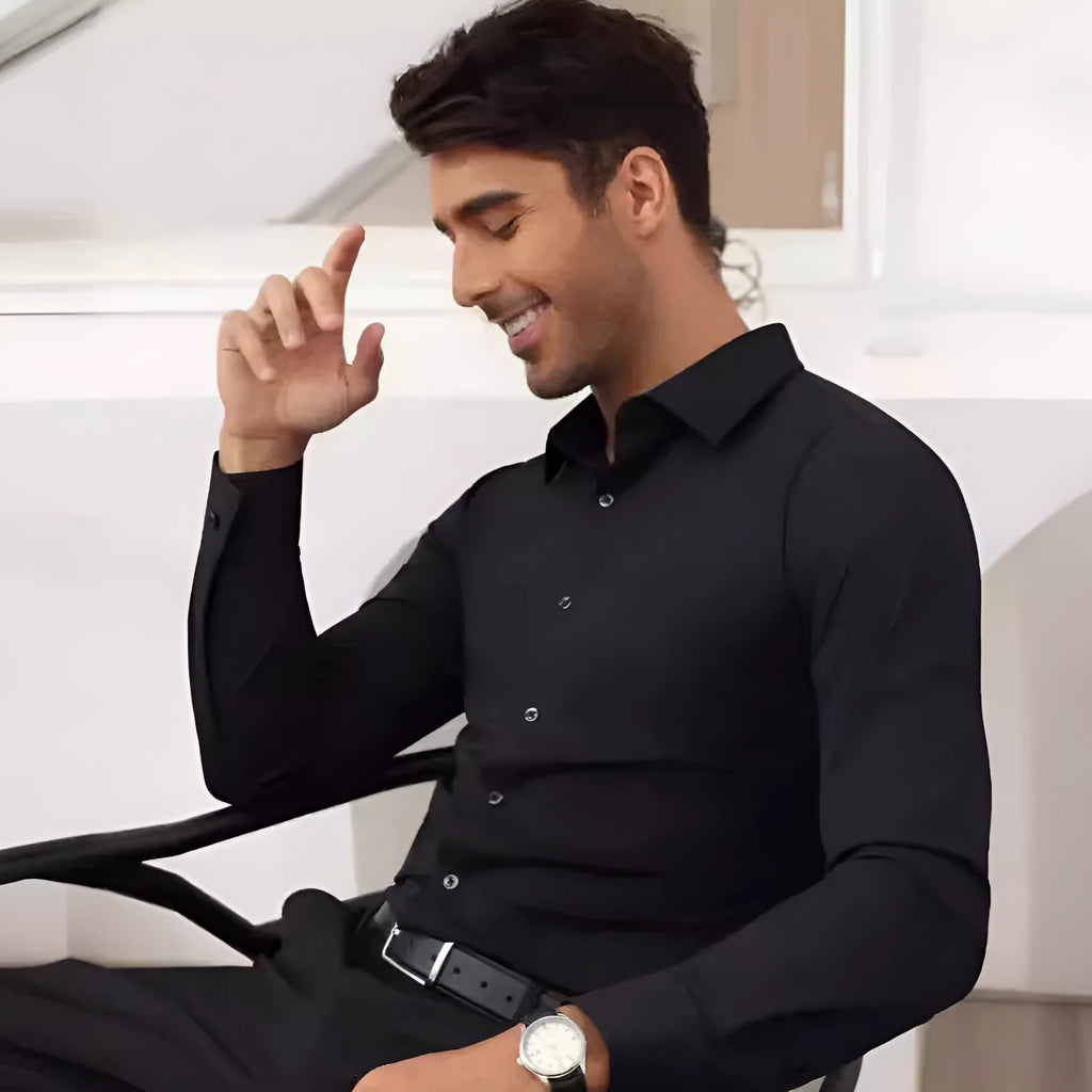 Men's long sleeve full elastic force shirt in solid colour, cardigan style, polyester fabric