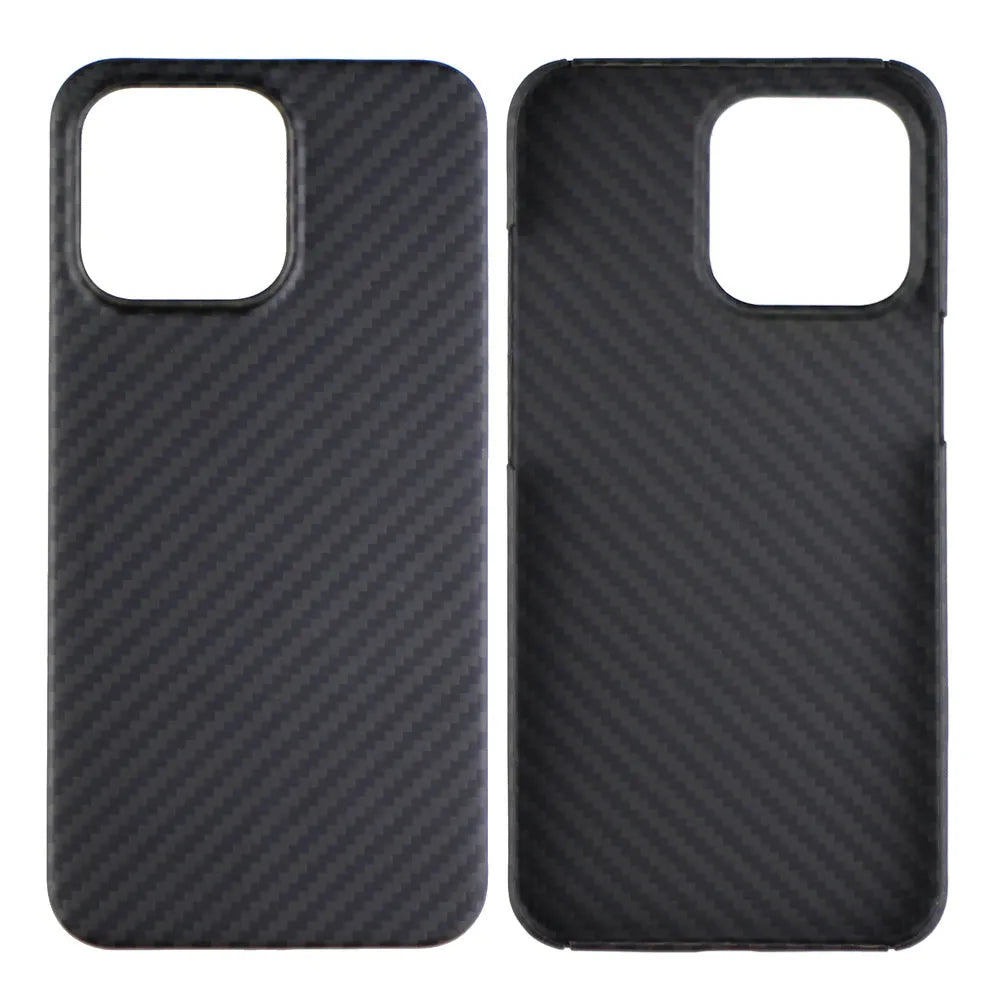 Matte black Kevlar fibre protective iPhone case showing textured surface and precise camera cutouts