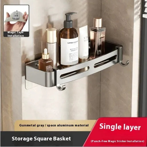 Gun grey triangular bathroom corner shelf with punch-free wall mounting system
